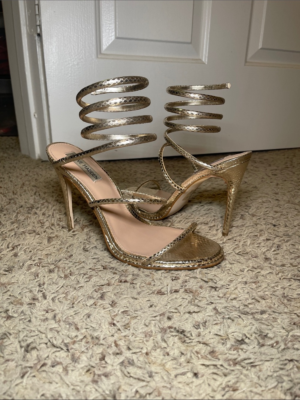 STEVE MADDEN - Metallic Champagne Spiral-Strap Stiletto Sandals
